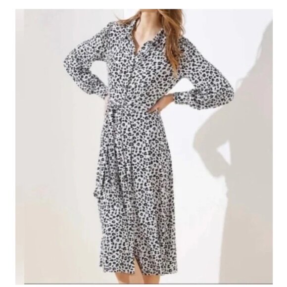 Loft Animal Print Gray Long Sleeves Jersey Midi Dress - Picture 1 of 15